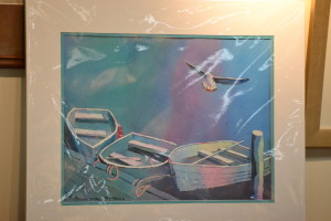 A sample of a completed work by Sandy Kinnamon. The colors are obtained by the pouring paint method she demonstrated during her presentation.